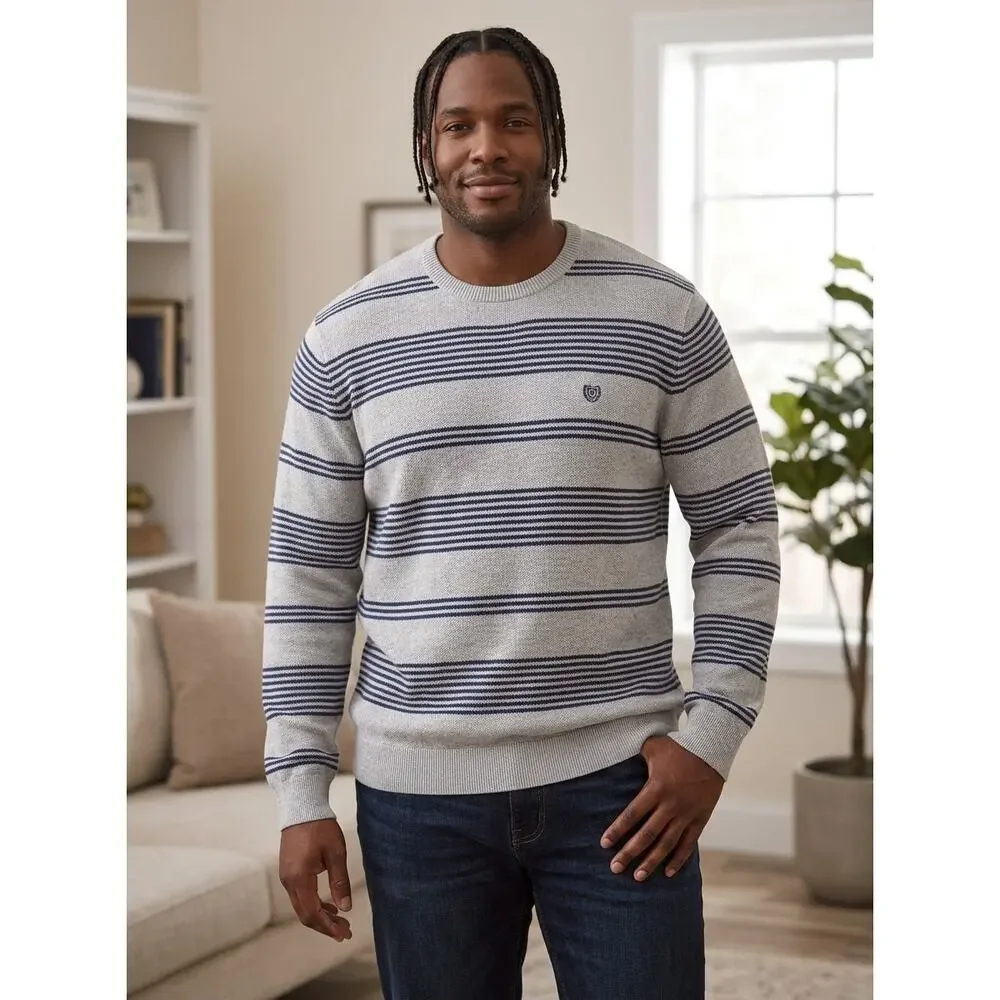 6LS9 Chaps Gray Blue Striped Crewneck Pullover Sweater Men Size XL